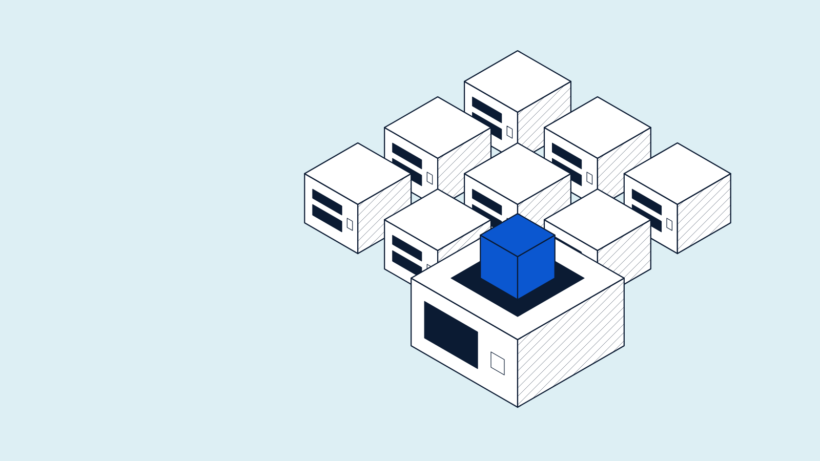 Isometric field of identical servers; one vendor appliance holds a highlighted cube, a bundled PHP copy