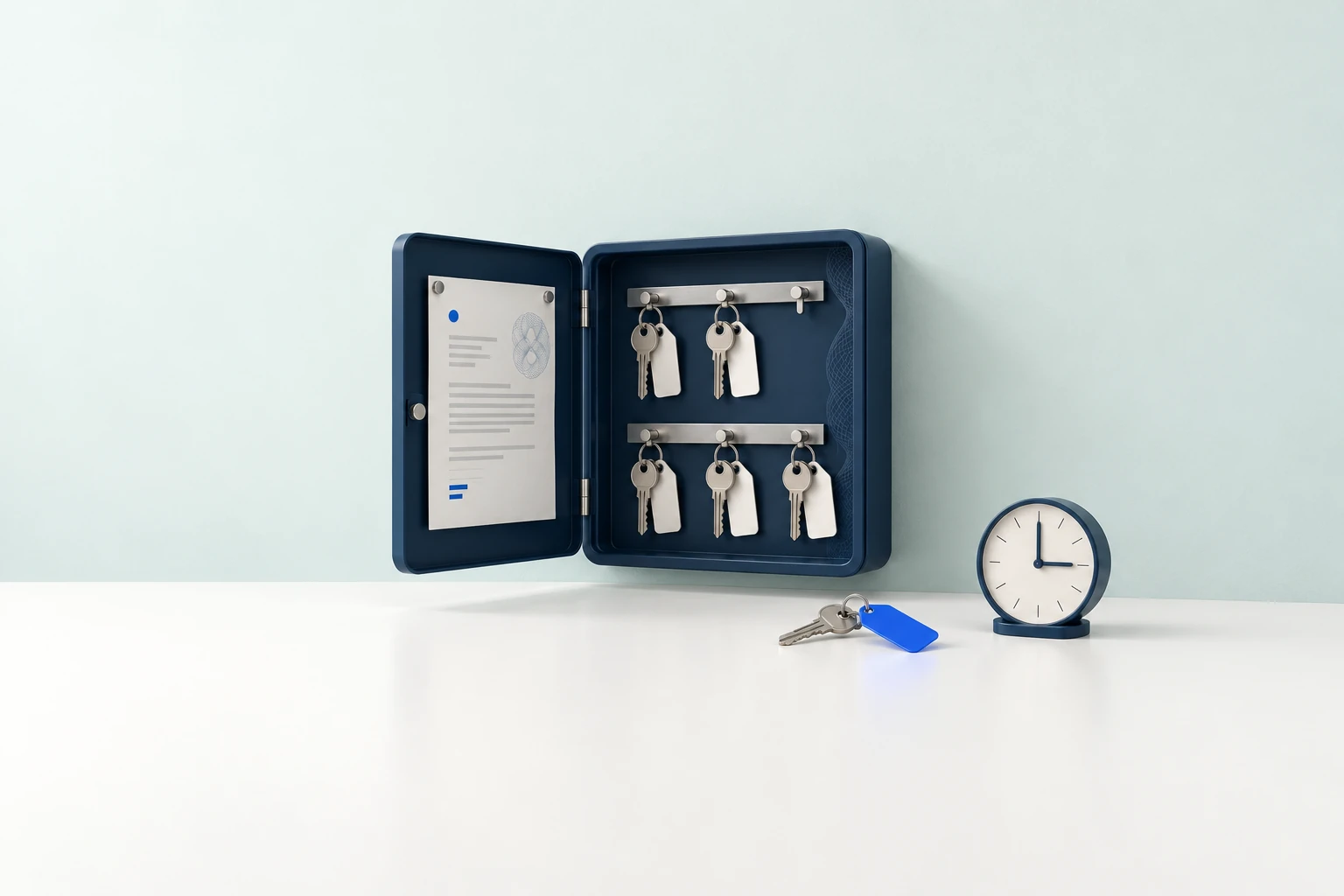 Open key cabinet with primary and backup keys, the plan on its door; one key with a blue tag lies by a clock